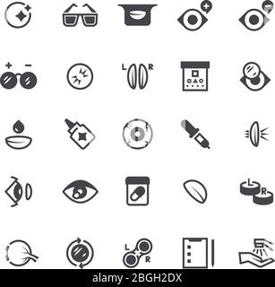 Problèmes de vue, icônes de lentilles de contact optiques et de lunettes. Symboles médicaux vectoriels pour la chirurgie du laser à œil. Vision oculaire, illustration de la vue médicale Illustration de Vecteur