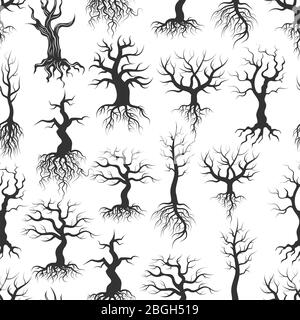 Arrière-plan et motif sans amies des vieilles silhouettes d'arbre. Arbre avec texture de racines. Illustration vectorielle Illustration de Vecteur