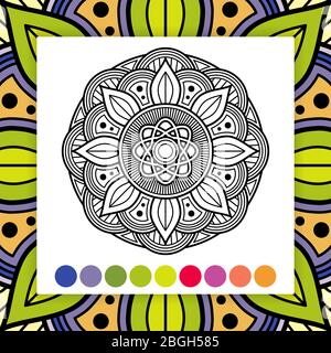 Mandala de coloration adulte avec échantillon de couleur. Élément décoratif asiatique et oriental. Illustration vectorielle Illustration de Vecteur