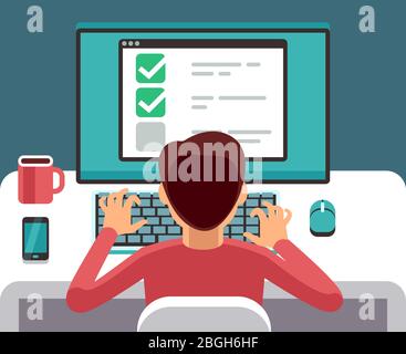 Formulaire de questionnaire en ligne de remplissage par ordinateur. Concept plat vectoriel de sondage. Commentaires et questionnaire en ligne, enquête et illustration du rapport Illustration de Vecteur