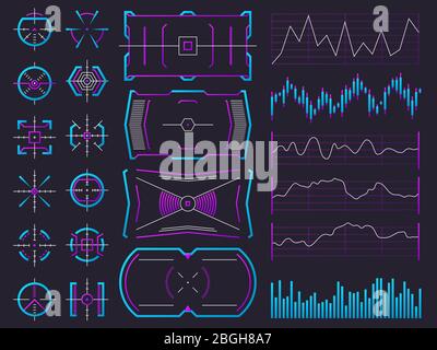 Écrans hologrammes futuristes de conception d'interface utilisateur. Graphiques, graphiques, cadres d'interface et régulateurs d'avertissement. Jeu de vecteurs d'interfaces hud science future. Illustration du futuriste numérique, affichage virtuel du tableau de bord Illustration de Vecteur