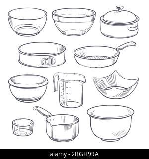 Bols en plastique et en verre à doodle, pot et poêle à frire. Batterie de cuisine vectorielle vintage dessinée à la main isolée. Bol pour la cuisson, ustensile et illustration de vaisselle Illustration de Vecteur