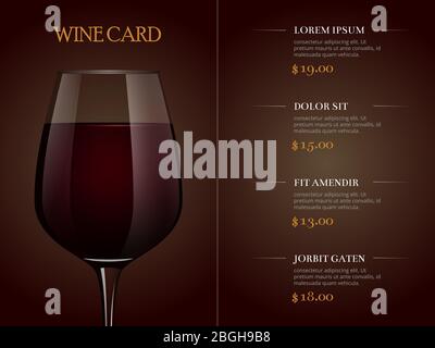 Modèle de carte de vin avec un verre réaliste de vin rouge. Menu du restaurant boissons, boisson de verre de vin. Illustration vectorielle Illustration de Vecteur