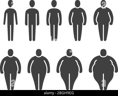 Figurines fines, normales, en surpoids de graisse. Différentes proportions de personnes corps. Icônes vectorielles de classification obèses isolées. Illustration de la silhouette mince et surpoids Illustration de Vecteur