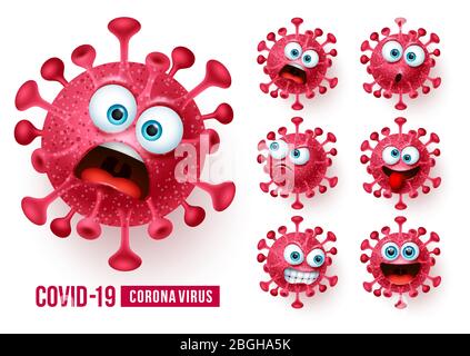 Ensemble vectoriel de Covid19 corona virus emojis. Émoticônes et émoticônes Covid-19 avec des expressions faciales effrayantes et en colère en fond blanc. Illustration de Vecteur