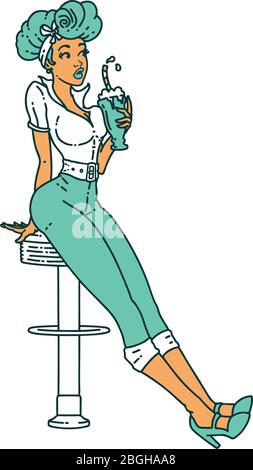 tatouage dans le style traditionnel d'une fille de pinup buvant un milkshake Illustration de Vecteur