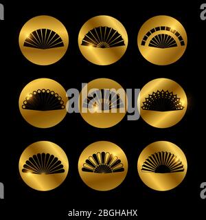 Icônes dorées avec ventilateurs à main vectoriels silhouette noire de l'illustration de l'ensemble Illustration de Vecteur