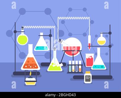 Expérience de laboratoire de chimie. Technologie scientifique de laboratoire de recherche. Concept plat vectoriel de laboratoire chimique. Illustration de l'enseignement, de la recherche et de l'expérience en chimie scientifique Illustration de Vecteur