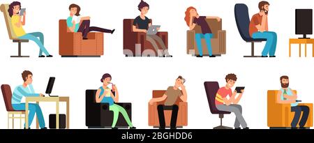 Sédentarité homme et femme sur canapé regarder la télévision, le téléphone, la lecture. Style de vie paresseux personnages vectoriels de dessin animé isolés. Illustration d'un fauteuil relaxant, lire et regarder sur mobile Illustration de Vecteur