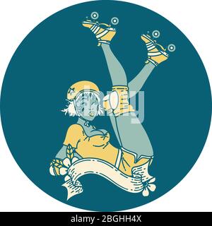 tatouage dans le style traditionnel d'une fille de derby à rouleau de brochage avec bannière Illustration de Vecteur