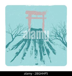 Motif illustration japonaise Grunge. Vecteur volkano, pagode et branches d'arbres Illustration de Vecteur