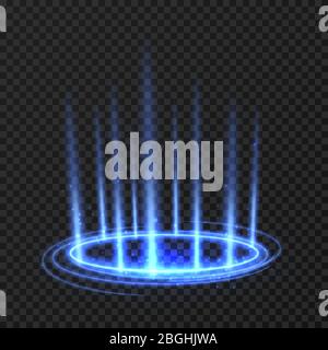 Cercle de rotation d'énergie avec rayons lumineux bleus. Portail fantaisie, téléport torsadé magique sur l'illustration vectorielle iod de plancher. Effet énergie rayon téléport illustration futuriste Illustration de Vecteur
