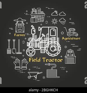 Jardinage et agriculture linéaires noirs vectoriels - tracteur de terrain Illustration de Vecteur