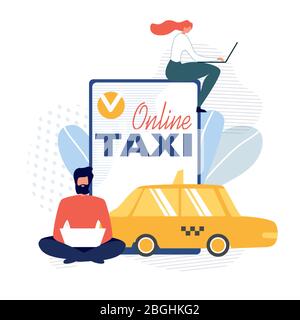 Application mobile de publicité de l'affiche de métaphore taxi en ligne. Homme et femme avec ordinateurs portables utilisant le service Internet pour commander voiture de livraison assis par Hug Illustration de Vecteur