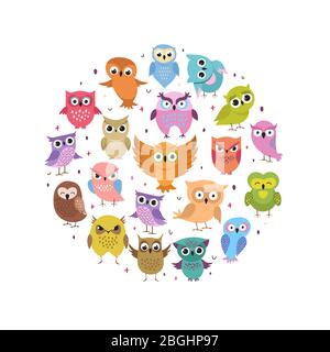 Joli motif hiboux rond. Caricature drôle d'oiseaux de forêt ensemble. Collection de caricatures de forêt de hibou de couleur. Illustration vectorielle Illustration de Vecteur