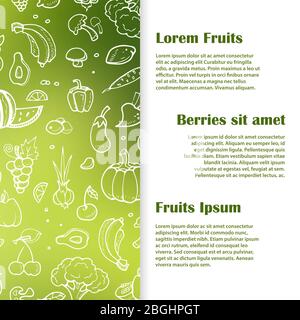 Doodle fruits, baies, bannière végétarienne ou modèle d'affiche. Illustration vectorielle Illustration de Vecteur