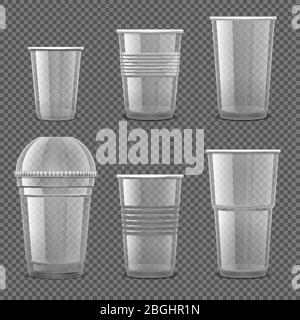 Vider les tasses jetables en plastique transparent. Récipients à boisson à emporter, kit vectoriel isolé. Illustration du récipient en plastique, jetable transparent pour boisson Illustration de Vecteur