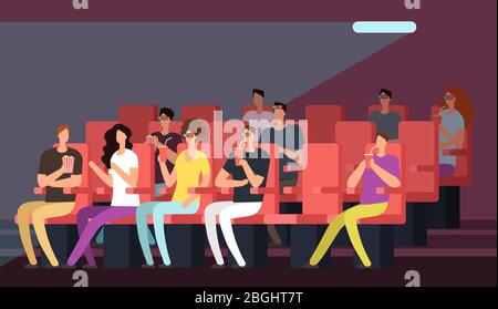 Les gens regardent des films dans l'intérieur de la salle de cinéma. Famille de dessins animés dans le concept de vecteur de théâtre. Public dans la salle intérieure, auditorium dans l'illustration du cinéma Illustration de Vecteur
