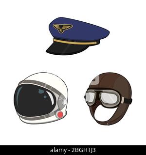 Ensemble chapeau de force aérienne. Casquette pilote et chapeau vintage, casque astronaute Space suit. Illustration graphique vectorielle. Illustration de Vecteur