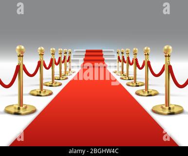 Hollywood luxe et élégant tapis rouge avec escaliers dans l'illustration vectorielle perspective. Tapis rouge et cérémonie de célébrité, plate-forme d'événement Illustration de Vecteur