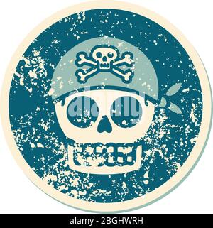 image emblématique de style tatouage sur un autocollant vieilli d'un crâne pirate Illustration de Vecteur