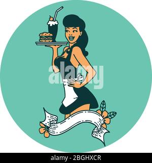 tatouage dans le style traditionnel d'une fille de serveuse de brochage avec bannière Illustration de Vecteur