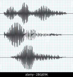 Ondes sismographiques de fréquence, sismogramme, graphiques de tremblement de terre. Ensemble de vecteurs d'ondes sismiques. Illustration du diagramme du sismomètre de vibration, enregistrement de forme d'onde Illustration de Vecteur