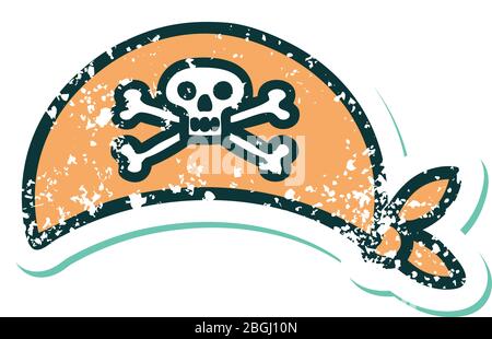 image emblématique de style tatouage sur un autocollant vieilli du foulard de la tête pirate Illustration de Vecteur