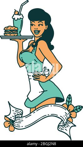 tatouage dans le style traditionnel d'une fille de serveuse de brochage avec bannière Illustration de Vecteur