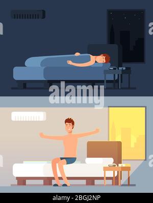 L'homme dormait et rêvait tranquillement dans un lit confortable la nuit et peppy se réveillant dans le concept vectoriel de dessin animé du matin. Illustration de la chambre de nuit et de matin Illustration de Vecteur