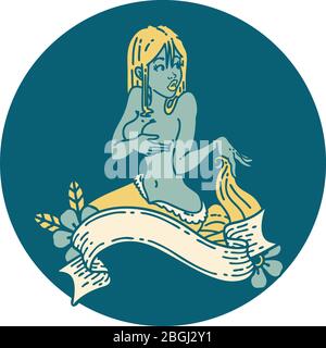 tatouage dans le style traditionnel d'une sirène à broche avec bannière Illustration de Vecteur