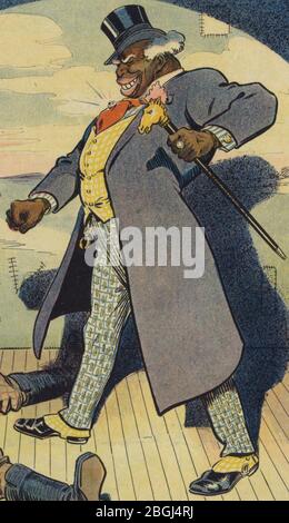 Caricatures racistes historiques de l'américain africain Jack Johnson de PUCK en 1910 avec légende - la cabine de l'oncle Tom - comme il devra être joué si Johnson gagne - L.M. Glackens. Banque D'Images