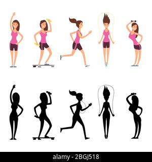 Les personnages de sport féminin. Silhouettes de fitness Vector femelles isolées sur fond blanc. Entraînement d'exercice jeune fille en silhouette noire, illustration sportive et active Illustration de Vecteur