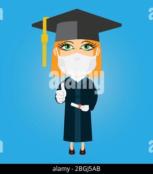 Peau blanche caucasienne blonde confuse des femmes diplômée avec masque gants blancs pouce chapeau diplôme dans sa main. Illustration de Vecteur