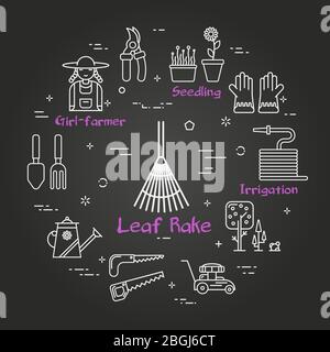 Jardinage et agriculture noir vectoriel linéaire - râteau à feuilles Illustration de Vecteur