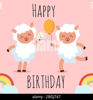 Carte de vœux joyeuse anniversaire avec joli motif bande dessinée, moutons, gâteau et ballon. Illustration vectorielle Illustration de Vecteur