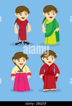 Ensemble de quatre personnages de dessin animé dans des tenues nationales asiatiques traditionnelles, cheongsam chinois, Sari indien, Hanbok coréen et kimono japonais isolés sur bl Illustration de Vecteur