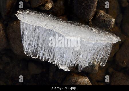 Gros plan du bloc de glace candled pendant la fonte printanière sur le rivage du fleuve Yukon, avec des roches en arrière-plan Banque D'Images