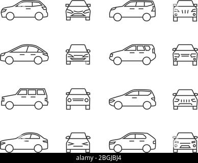 Panneaux de ligne de vue avant et latérale de voitures, symboles automatiques. Icônes vectorielles du véhicule isolées sur fond blanc. Voiture automobile, illustration du transport automobile Illustration de Vecteur