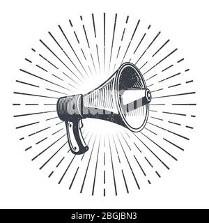 Esquisse dessinée à la main mégaphone et starburst. Affiche vintage avec mégaphone. Illustration vectorielle Illustration de Vecteur