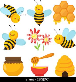 Abeille de dessin animé. Abeilles, fleurs et miel mignons. Jeu de caractères vectoriels isolés. Illustration de l'insecte d'abeilles et du miel sucré Illustration de Vecteur