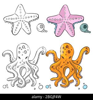 Motif page couleur Ocean Life. Starfish et Octopus isolés sur fond blanc. Illustration vectorielle Illustration de Vecteur
