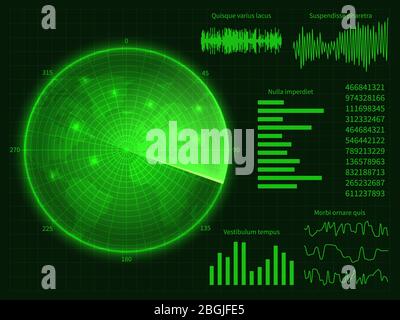Écran radar vert avec carte du monde. Illustration vectorielle d'interface hud numérique. Analyse du tableau de bord de la carte du monde, signal sonore de la courbe du diagramme Illustration de Vecteur