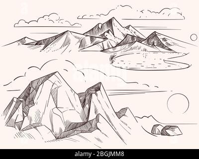 Dessin à la main des paysages de montagne esquissés avec lac, pierres, arrondis des œuvres d'art. Illustration vectorielle Illustration de Vecteur