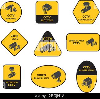 Caméra de sécurité cctv, surveillance caméras de télévision d'extérieur autocollants d'avertissement vectoriels. Sécurité vidéo, contrôle de la vidéosurveillance, surveillance et sécurité Illustration de Vecteur