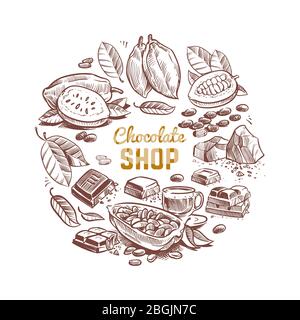 Motif vectoriel en magasin de chocolat avec des fèves de cacao esquissées et des barres de chocolat isolées sur fond blanc illustration Illustration de Vecteur