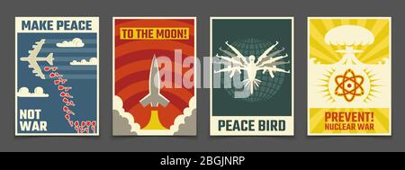 Affiches anciennes vectorielles de propagande pacifique antiguerre soviétique. Illustration de l'oiseau de paix, fusée à la lune Illustration de Vecteur