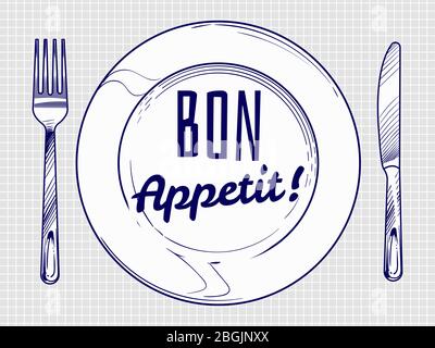 Assiette avec couteau et fourchette. Vaisselle et vaisselle à dessin de Doodle. Affiche vectorielle et bannière du restaurant Illustration de Vecteur