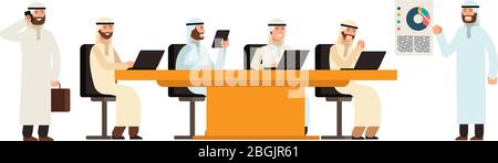 Groupe des businessmans arabes à la table lors de la réunion de bisiness. Arabes saoudiens hommes dessins animés personnages vectoriels. L'équipe saoudienne d'affaires de groupe dans l'illustration de bureau Illustration de Vecteur
