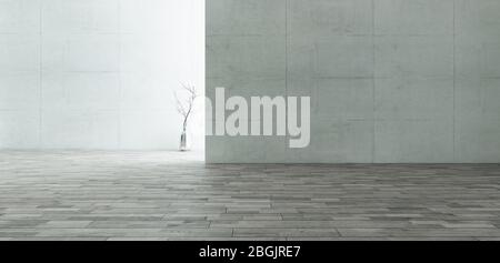 salle vide avec rétroéclairage composée de murs en béton avec surface de plancher en bois et vase chromé rendu réaliste en relief Banque D'Images